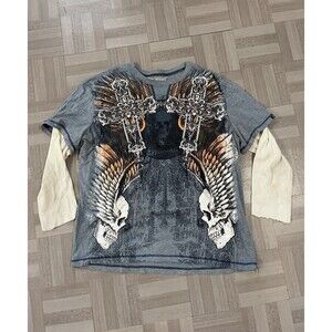 MMA Elite Waffle Thermal Long Sleeve Shirt Skull Grey Y2K XL Vintage Grunge I